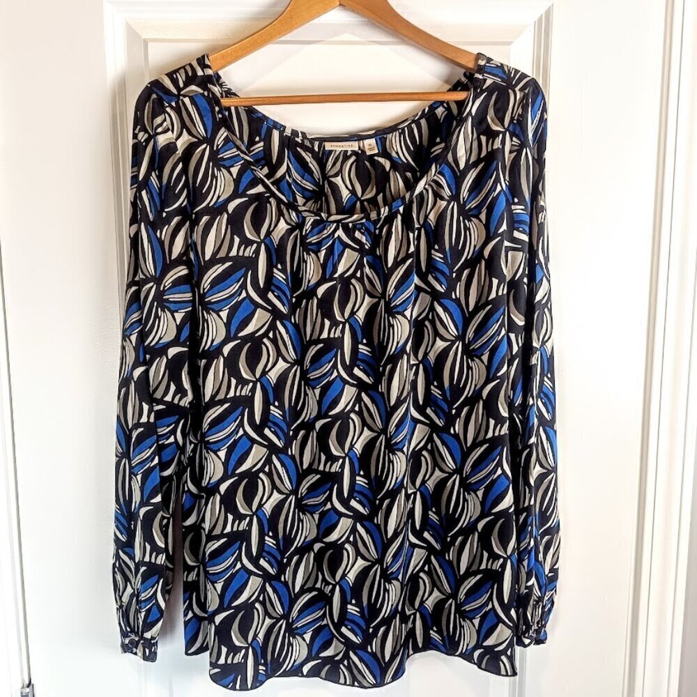 Semantiks Black Blue Grey White Abstract Print Silk Tunic Top
